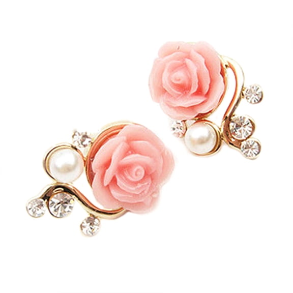 UDIYO 1 Pair Ear Stud Rose Flower Shape Versatile Alloy Faux Pearl Rhinestone Rose Earrings for Women