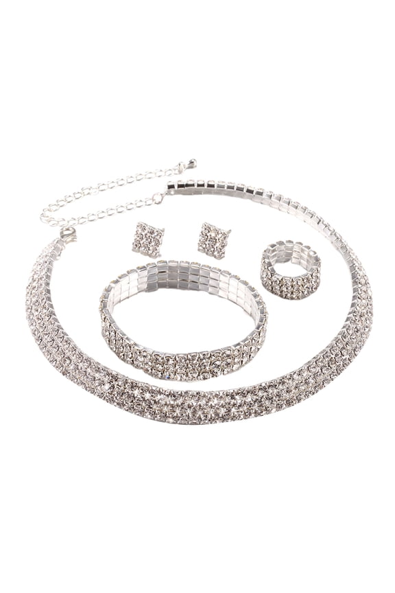 1 Set Necklace Bracelet Earrings Ring Geometric Rhinestones Jewelry Shining Bright Luster Jewelry Set for Wedding