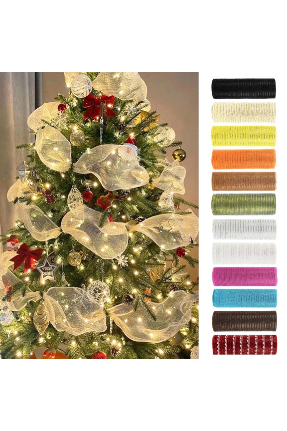 2 Roll 10 Yards Christmas Wired Ribbon Holiday Party Wreath Ribbons Sheer Glitter Crafts Gift Decorations, Xmas Tree Garland DIY Mesh Ribbon Glitter Ribbon