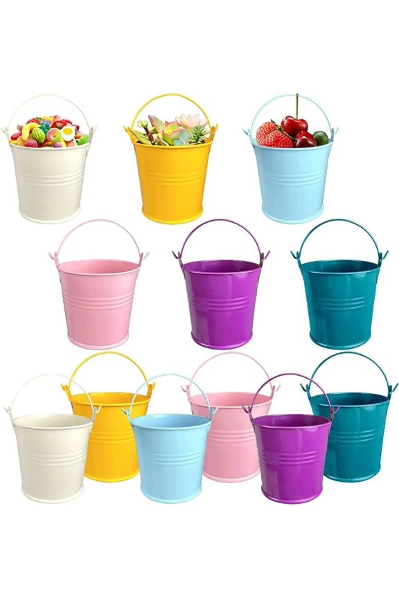 2Pcs Galvanized Metal Buckets with Handle Mini Round Flower Pot Plant Basket for Small Plant and Candy Snack and Home Party Decoration, Yellow/Blue/Pink/Red and so on