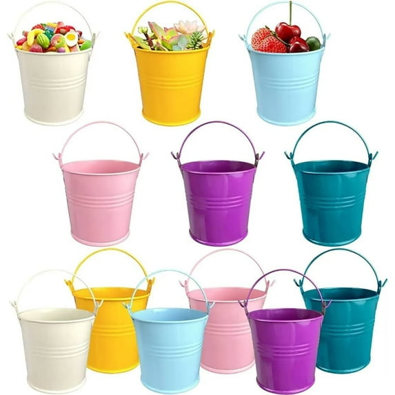 UDIYO 2Pcs Galvanized Metal Buckets with Handle Mini Round Flower Pot Plant Basket for Small Plant and Candy Snack and Home Party Decoration, Yellow/Blue/Pink/Red and so on