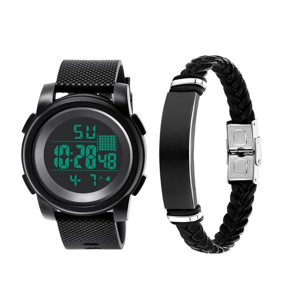 UDIYO 2Pcs Men Sports Waterproof Electronic Digital Luminous Wrist Watch + Bracelet