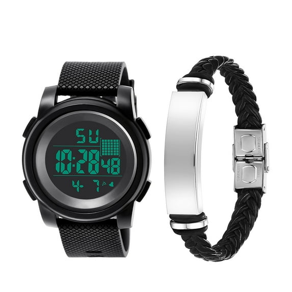 UDIYO 2Pcs Men Sports Waterproof Electronic Digital Luminous Wrist Watch + Bracelet