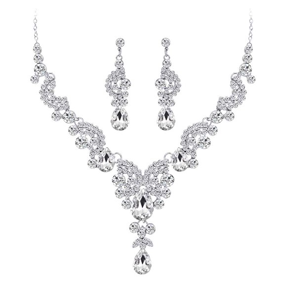 UDIYO 2Pcs/Set Luxury Full Rhinestone Semicircle Charm Bridal Stud Earrings Necklace