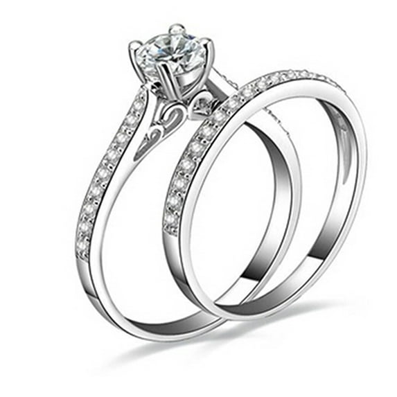 UDIYO 2Pcs/Set Ring Shiny Cubic Zirconia Plated Silver Romantic Couple Finger Ring for Wedding