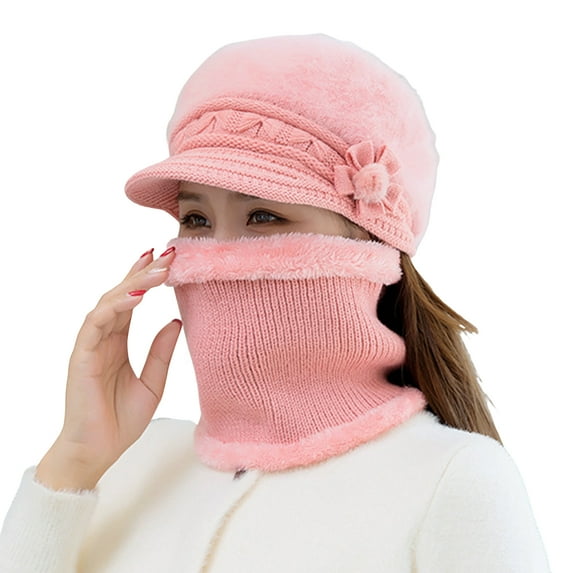 UDIYO 2Pcs/Set Winter Hat Neck Warmer Knitted Peaked Flower Pompom Decor Fuzzy Stretchy Warm Solid Color Winter Thermal Middle-aged Women Cap Scarf Kit for Outdoor