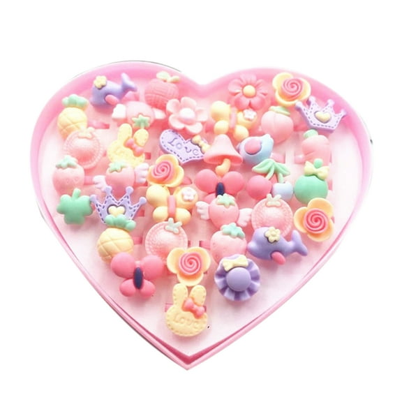 UDIYO 36Pcs Girls Kids Cartoon Flower Resin Rhinestone Rings Toy Set Jewelry Box Gift