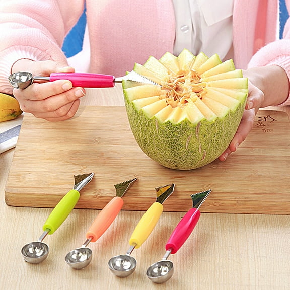 UDIYO 4Pcs Melon Baller Scoop Set,Professional 2 In 1 Stainless Steel Watermelon Cutter Fruit Carving Tools Set,Fruit Scooper Seed Remover Watermelon Knife for Dig Pulp Separator Fruit Slicer