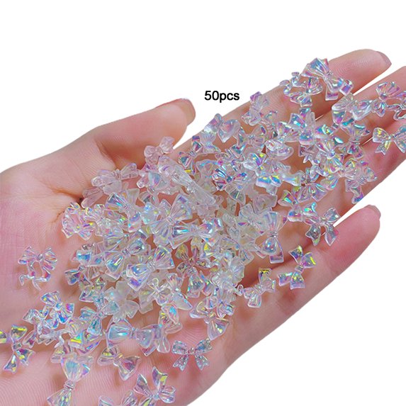 UDIYO 50Pcs/Set Nail Bow Ornament Aurora 3D Resin Manicure Glitter Bowknot DIY Rhinestone for Beautify