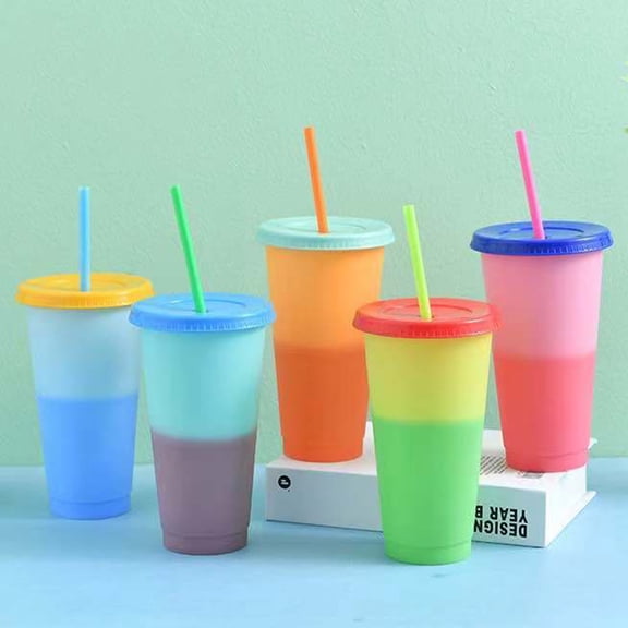UDIYO 720ML Plastic Cups with Lids and Straws - 24 oz Color Changing Cups with Lids and Straws Bulk, Reusable Cups with Lids and Straws for Adults Kid Women Party, Cute Cold Cups for Iced Coffee