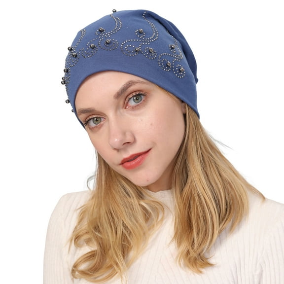 UDIYO Beanie Hat Double-layers Pearl Rhinestone Decor Baggy Slouchy Keep Warm Thin Spring Autumn Winter Women Skull Cap for Outdoor