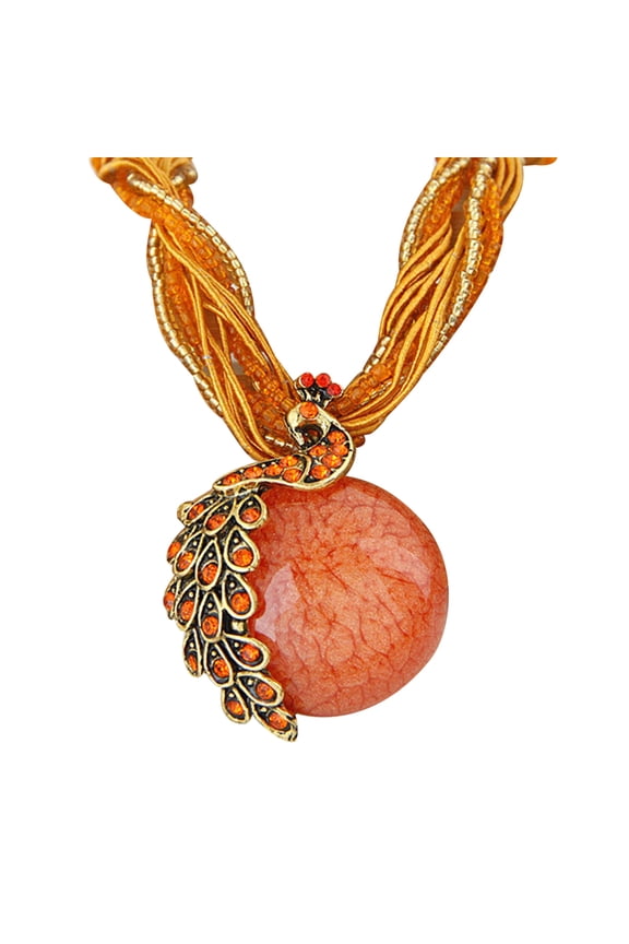 Bohemian Women Rhinestone Inlaid Peacock Round Faux Opal Pendant Necklace Gift
