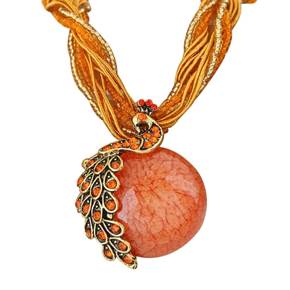 UDIYO Bohemian Women Rhinestone Inlaid Peacock Round Faux Opal Pendant Necklace Gift