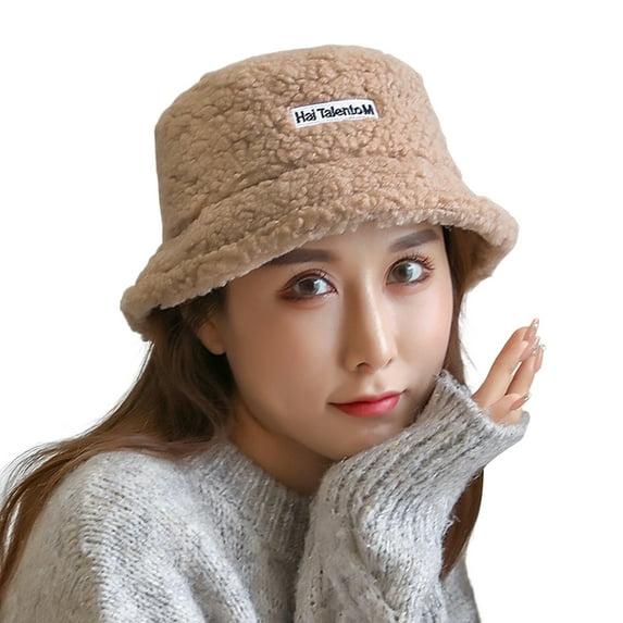 UDIYO Bucket Hat Fashion Letter Label Fluffy Japanese Style Thickened Casual Keep Warm Sherpa Autumn Winter Thermal Fisherman Cap for Daily Life