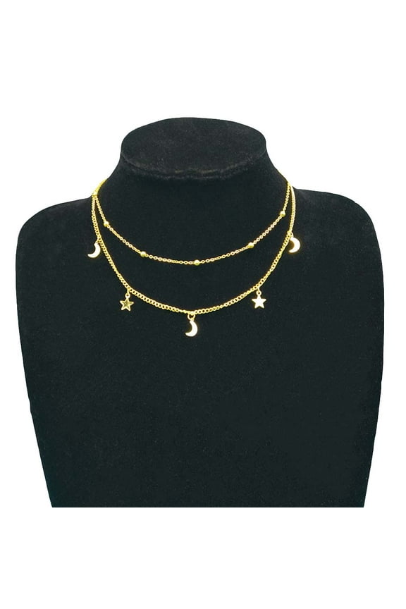 Chic Moon Star Tassel Charm Double Layer Chain Choker Necklace Women Jewelry
