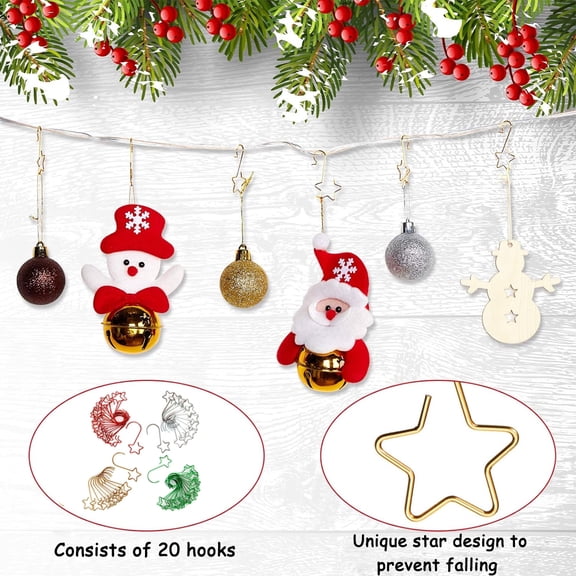 UDIYO Christmas Ornament Hooks Christmas Tree Decorating Hangers Star-shaped Hanging Hooks for Holidays Decoration, 20Pcs