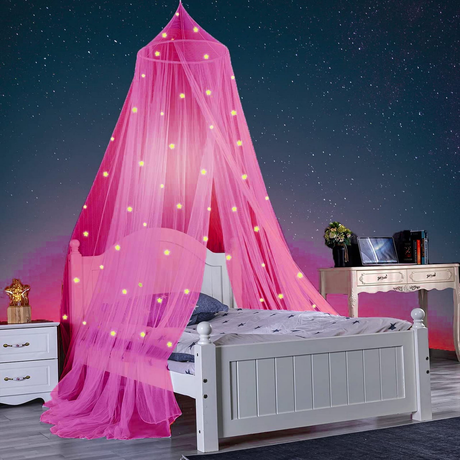 UDIYO Dome Bed Canopy with Glow-in-the-dark Polyester Stars, Princess ...