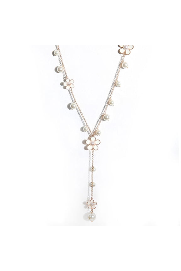 Elegant Faux Pearls Flower Sweater Chain Long Necklace Socialite Lady Jewelry