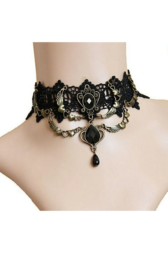 Faux Gem Black Lace Ring Bracelet Women Gothic Punk Style Necklace Bracelet Jewelry Accessory