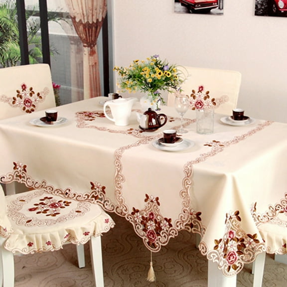 UDIYO Flower Embroidered Lace Cream Tablecloth Luxury Cutwork Table Cloths Cover Rectangular