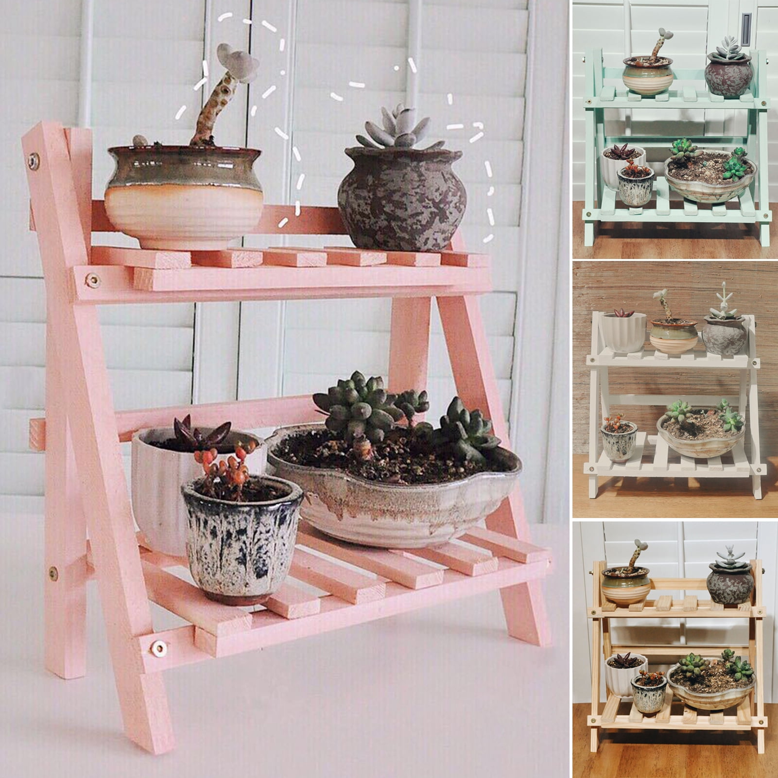 UDIYO Foldable Ladder Plant Stand, 2 Tier Wooden Plant Shelf