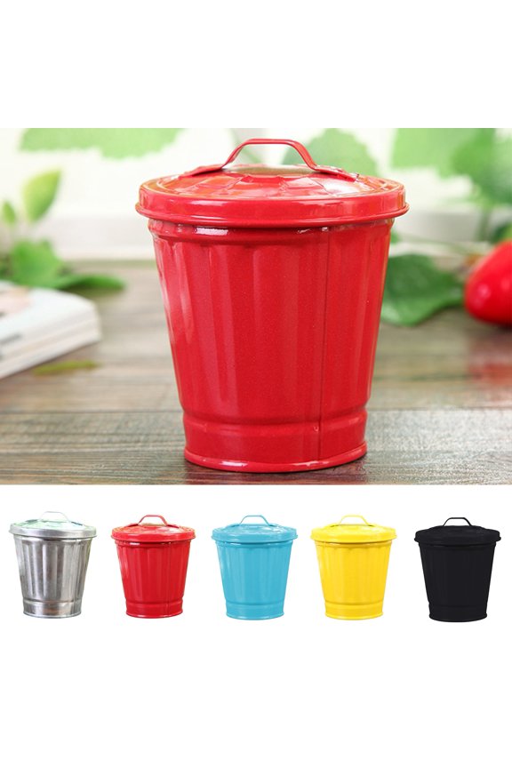 Galvanized Trash Can with Lid Mini Desktop Wastebasket Metal Garbage Bin Pen Holder Flowerpot Metal Utility Pail Small Buckets Organizer Kitchen Countertop Trash Containers