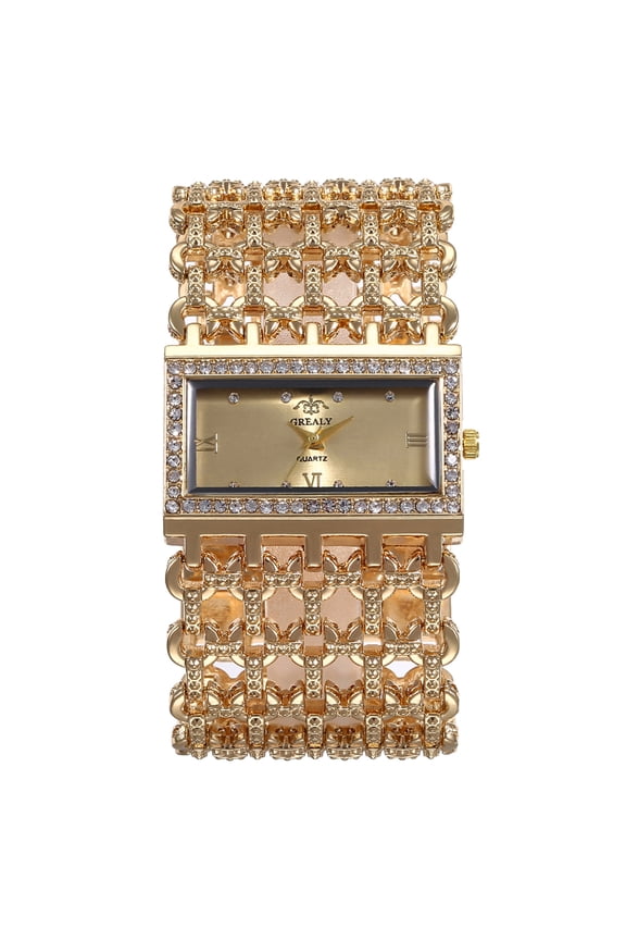 Glitter Women Hollow Wide Band Roman Numeral Rhinestone Square Dial Quartz Watch