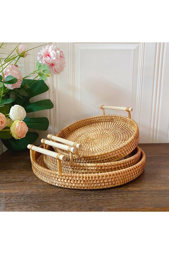 Handwoven Basket Serving Tray with Wooden Handles Round Rattan Bread Basket Tray Fruit Organizer Wicker Tray Coffee Table Decorative Tray