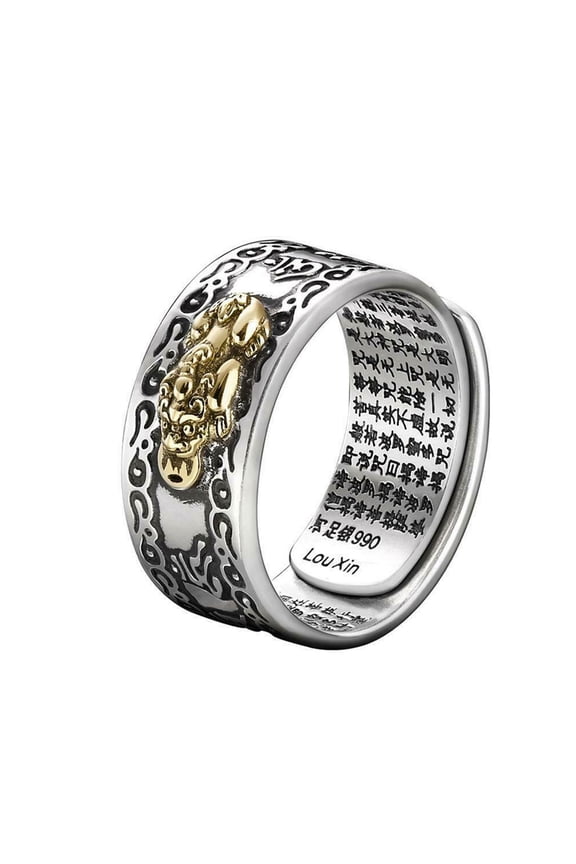 Lucky Men Silver Plated Piqiu Heart Sutra Engraved Opening Finger Ring Jewelry