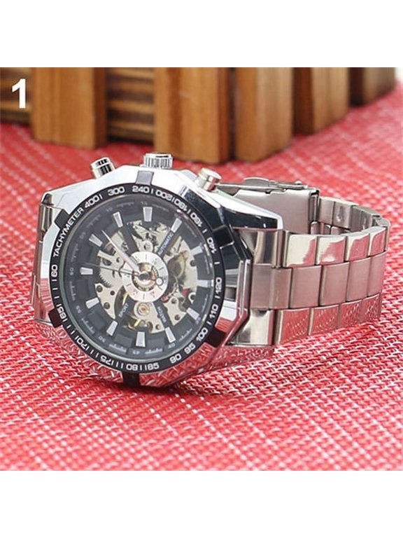 Men Hand-Winding Skeleton Automatic Mechanical Stainless Steel Sport Wrist Watch