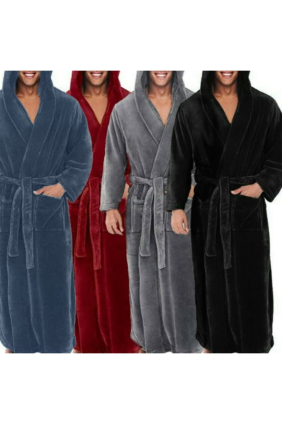Men Soft Coral Fleece Solid Color Pockets Long Bath Robe Home Gown Sleepwear