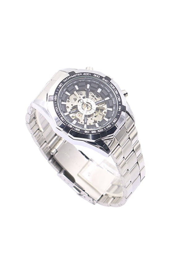 Men's Hollow Skeleton Dial Automatic Mechanical Stainless Steel Band Wrist Watch