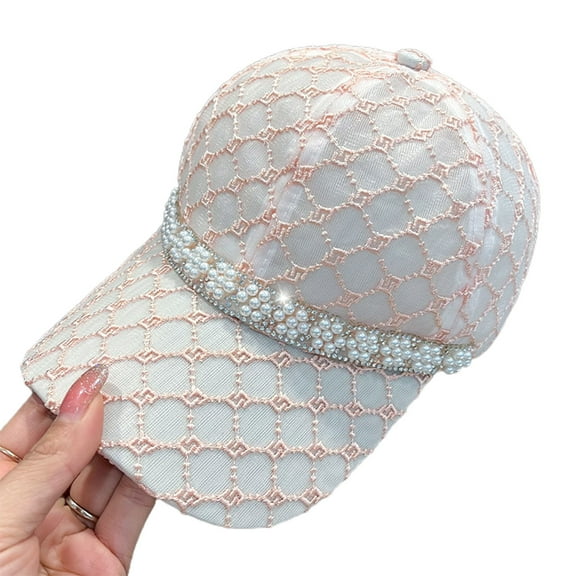 UDIYO Mesh Sun Hat Adjustable Design Rhinestone Pearl Baseball Hat for Daily Life