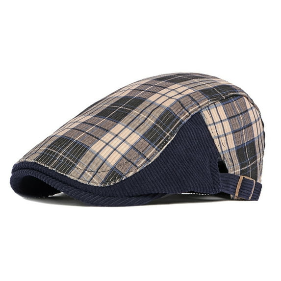 UDIYO Plaid Print Patchwork Color Adjustable Buckle Beret Hat Flat Peaked Male Forward Cap