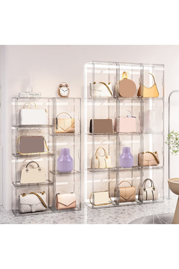 Purse Storage Box with Magnetic Door Dustproof Stackable Clear Wallet Clutch Storage Organizer for Purse Clutch Handbag