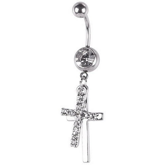 UDIYO Rhinestone Double Cross Dangle Navel Belly Button Barbell Ring Body Piercing Jewelry