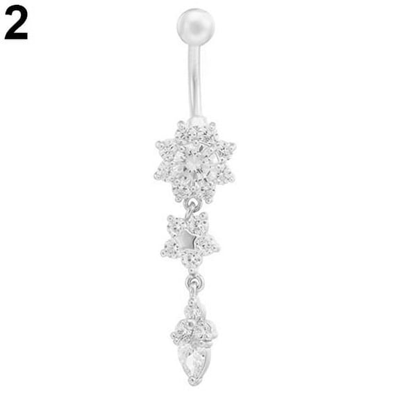 UDIYO Sexy Women Flower Rhinestone Dangle Bar Barbell Belly Button Ring Body Piercing