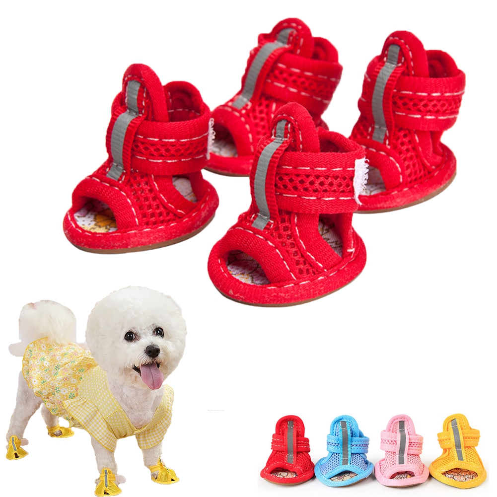 POPETPOP 4 Pairs Dog Shoes - Breathable Mesh Summer Sandals For Hot Pavement Protection, Flexible Sole Paw Protectors (Pink, 5 Sizes Available)