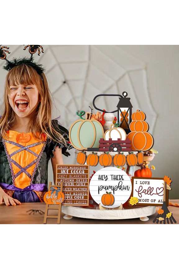 Tiered Tray Decorations Halloween Tiered Tray Decor Set Rustic Style Plastic Pumpkin Sign Party Counter Arrangement Festival Desktop Ornament