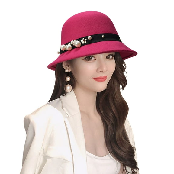 UDIYO Top Hat British Style Pearl Decor Down Brim Sunshading Round Top Decorate Retro Vintage Women Cloche Hat for Church