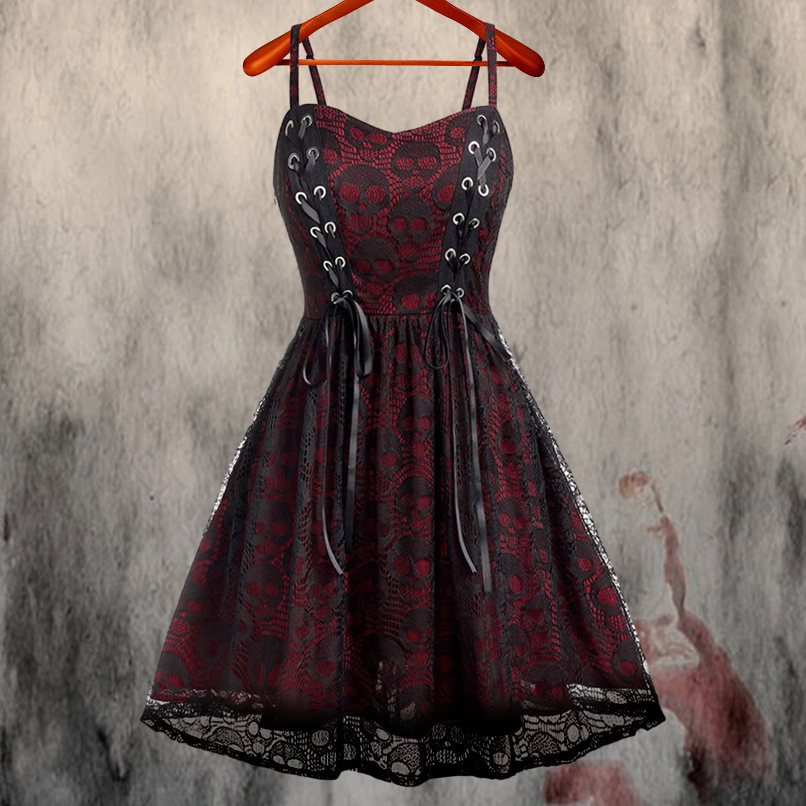 【WOOHWA】PERFORATED LACE MINI DRESS UDIYO Vintage Goth Punk Rock Style Lace Mesh Strap Splice