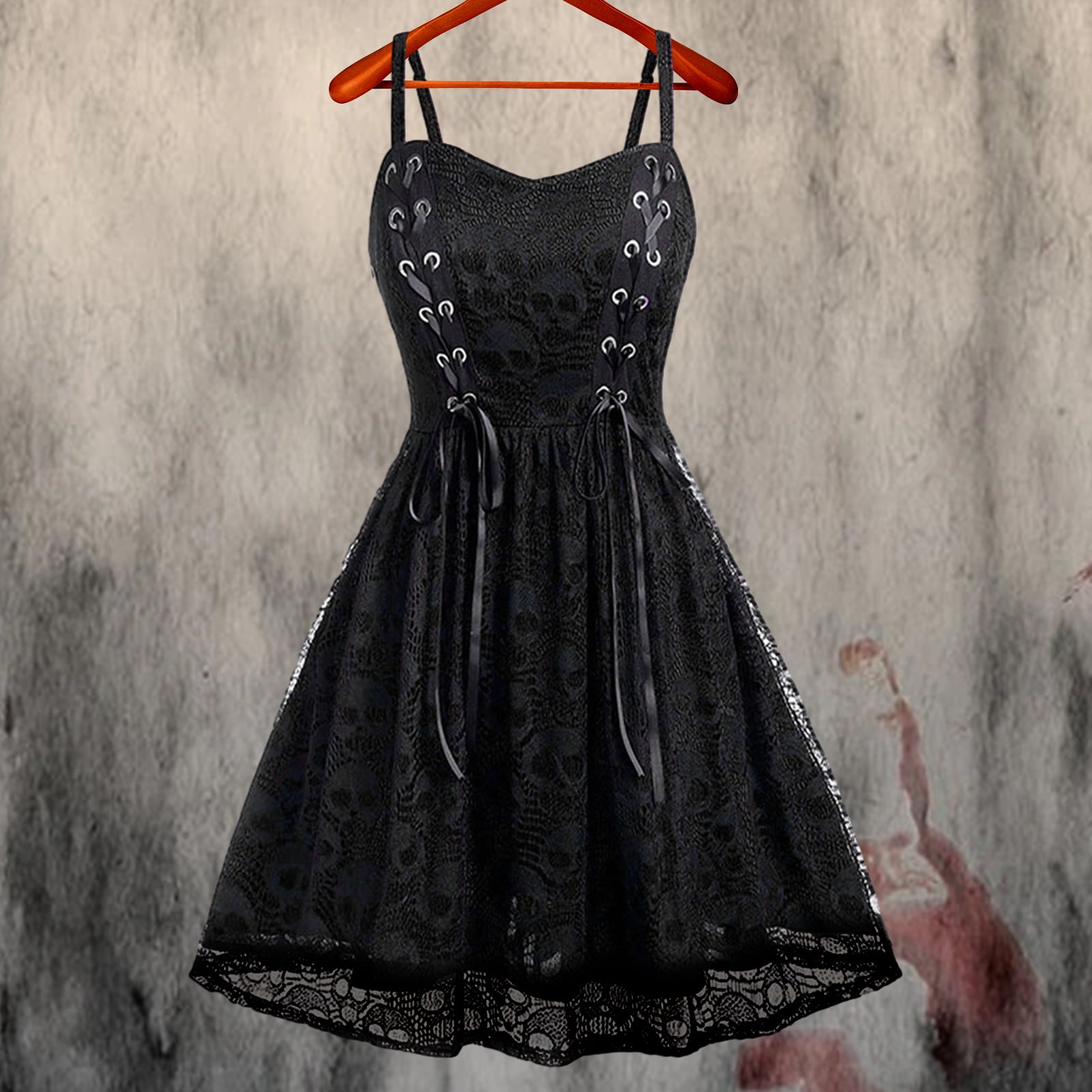 UDIYO Vintage Goth Punk Rock Style Lace Mesh Strap Splice Mini Dress Women Spaghetti Strap Skull Print Loose Hem Sleeveless Halloween Dress