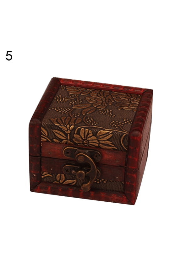 Vintage Small Wood Flower Coin Pattern Box Jewelry Bracelet Storage Holder Case