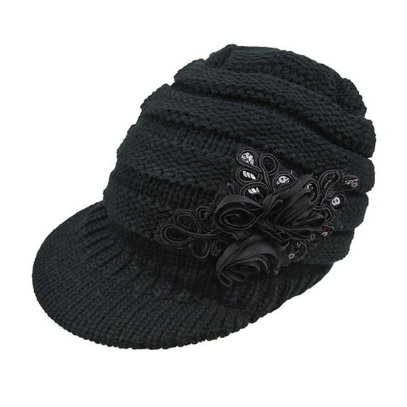 UDIYO Wide Brim Earflap Solid Color Knitted Cap Women Winter Sequins Flower Decor Beret Hat
