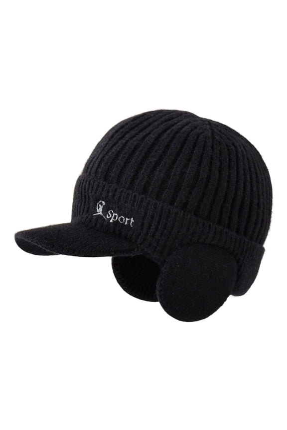 Wide Brim Letter Print Ribbed Baseball Cap Men Ear Winter Knitted Hat Costume Accessories