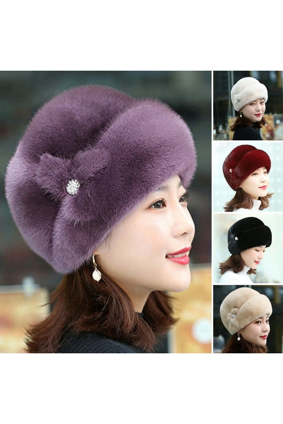 Winter Middle-Aged and Elderly Women's Hats, Winter Russian Faux Rabbit Fur Flower Decor Hats, Elderly Hats, Mothers, Grandma, Old Ladies Hats