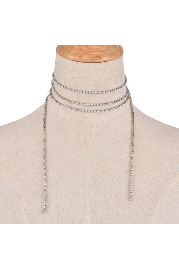 Women Bling Rhinestone Long Cup Chain Tie Up Choker Evening Party Necklace Gift