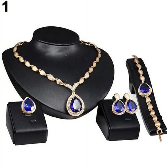 UDIYO Women Fashion Rhinestone Pendant Necklace Ring Bracelet Earrings Jewelry Set