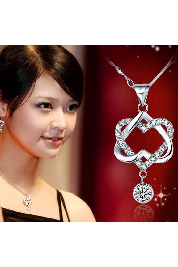 Women Fashion Silver Color Rhinestone Double Heart Pendant Chain Necklace Jewelry