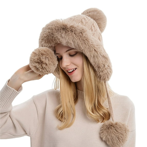 UDIYO Women Hat Thicken Plush Lining Fluffy Comfortable Keep Warm with Earflap Three Balls Autumn Winter Ladies Knitted Cap for Outdoor
